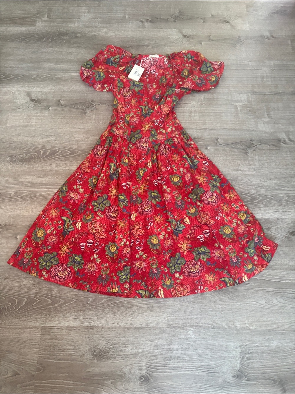 Red Floral Puff Sleeve Midi Dress